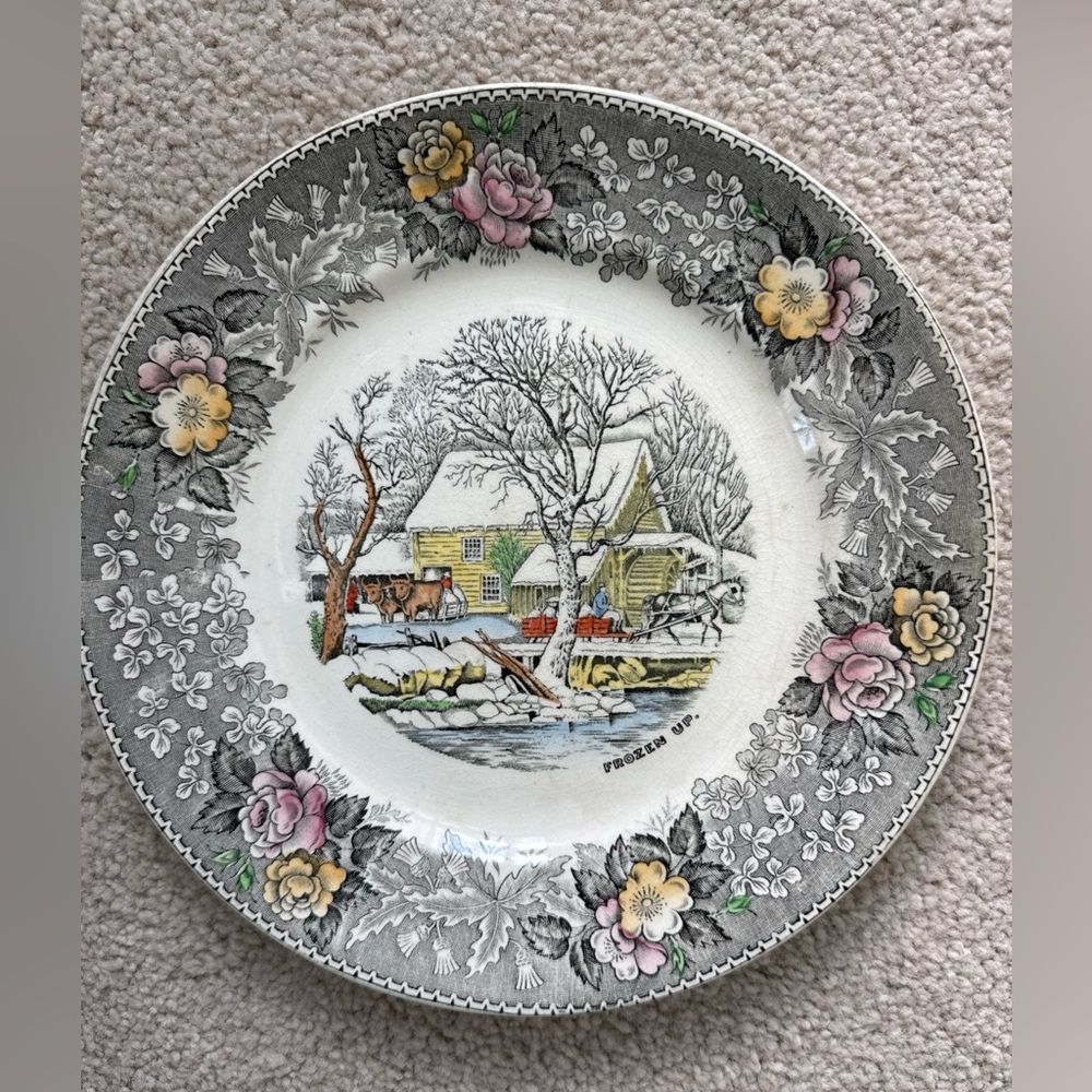Vintage Adams China Gray and Yellow Winter Scene Plate